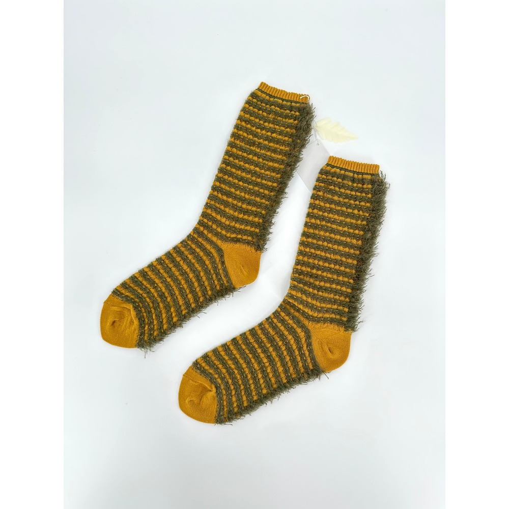 Antipast Fringe Striped Socks Mustard Khaki Wool‎ Blend Made in Japan NEW